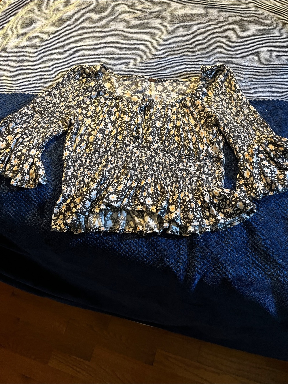Floral Smocked Peplum Top - Black Floral Free People size small.